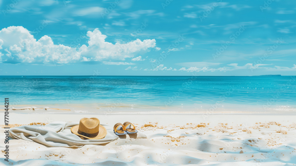 a beach towel with a hat and a pair of flip-flops a beach towel with a hat and a pair of flip-flops