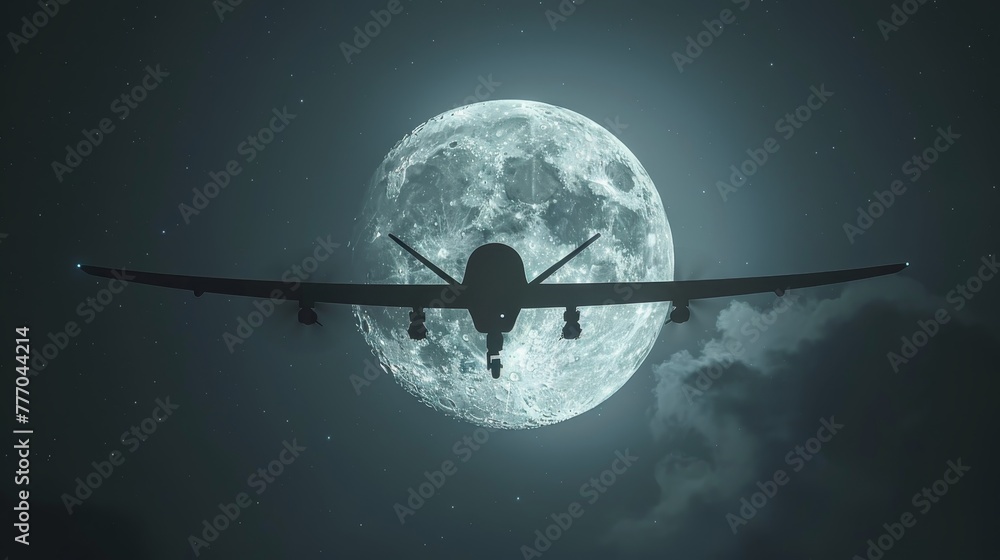 A plane is flying over a large moon in the night sky. Concept of adventure and exploration, as the plane soars through the darkness, leaving a trail of light in its wake