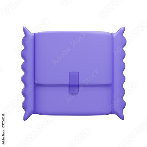 3D menstrual pad packaging design. Cute cartoon style 3d purple sanitary pad napkin isolated on white vector illustration. Female intimate hygiene product, women's health care 3D render.
