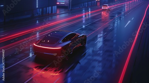 A car is driving down a street with a red and blue background. The car is a sports car and is the main focus of the image photo
