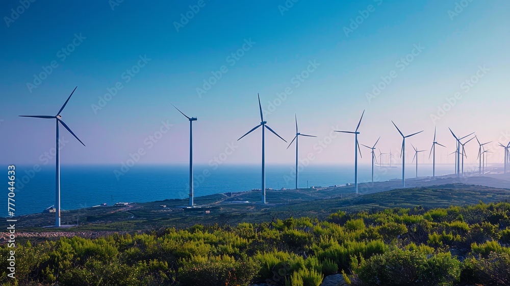 A row of wind turbines are lined up on a hill overlooking the ocean. Concept of power and energy, as the turbines harness the wind's force to generate electricity