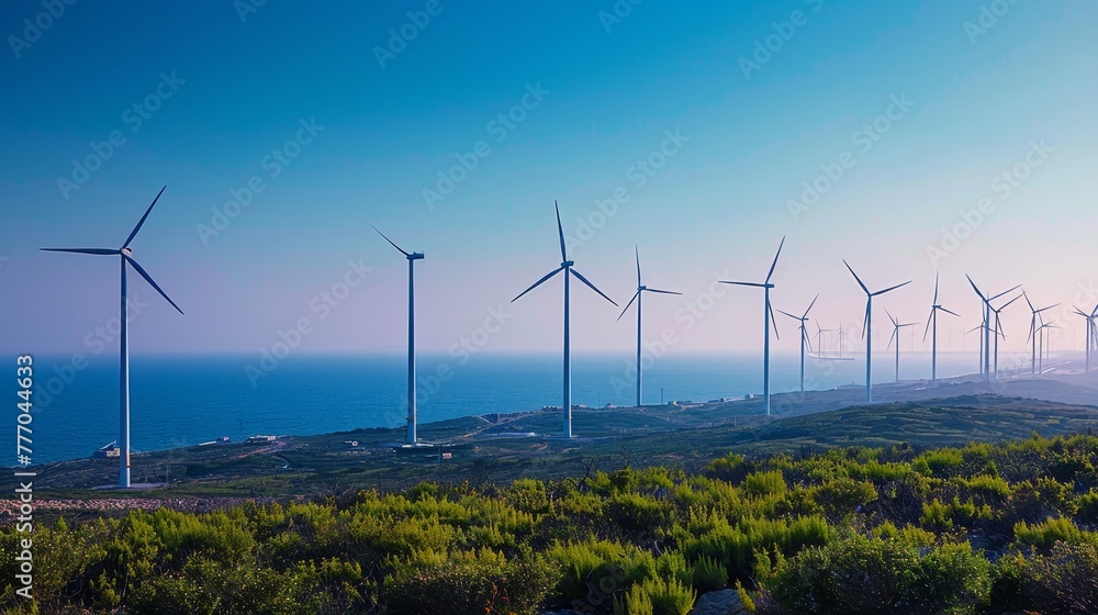 A row of wind turbines are lined up on a hill overlooking the ocean. Concept of power and energy, as the turbines harness the wind's force to generate electricity A row of wind turbines are lined up on a hill overlooking the ocean. Concept of power and energy, as the turbines harness the wind's force to generate electricity