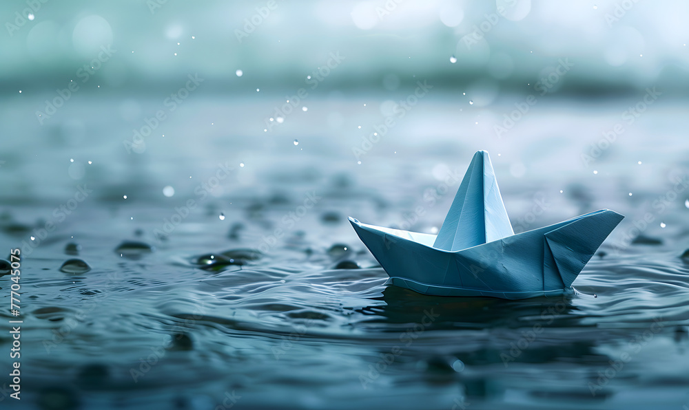 Obraz premium paper boat floats on a serene water surface, Generative AI 