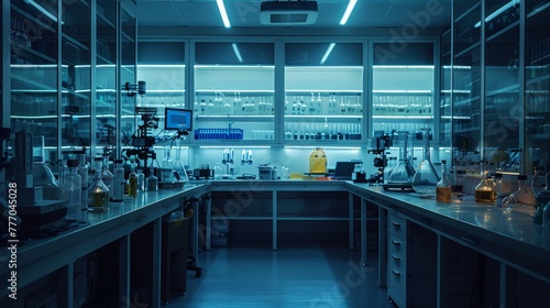 A lab with many shelves and a large table. The lab is dark and the shelves are full of bottles and beakers