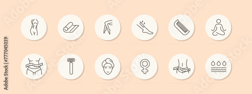 Female beauty set icon. Female legs and figure, silhouette, meditation, liquid, skin, razor, ruler, comb, towel, hair removal, beauty, pastel colors. Self care concept. Vector line icon.