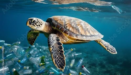 Sea turtle swimming in ocean full of plastic bottles  trash floating in the ocean  garbage pollution in the ocean
