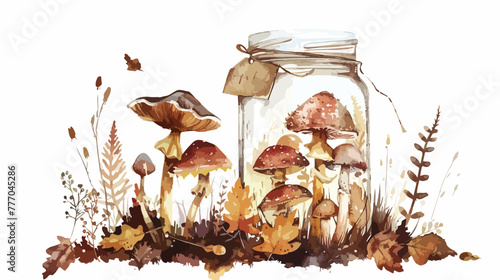 Transparent glass jar with mushrooms branches