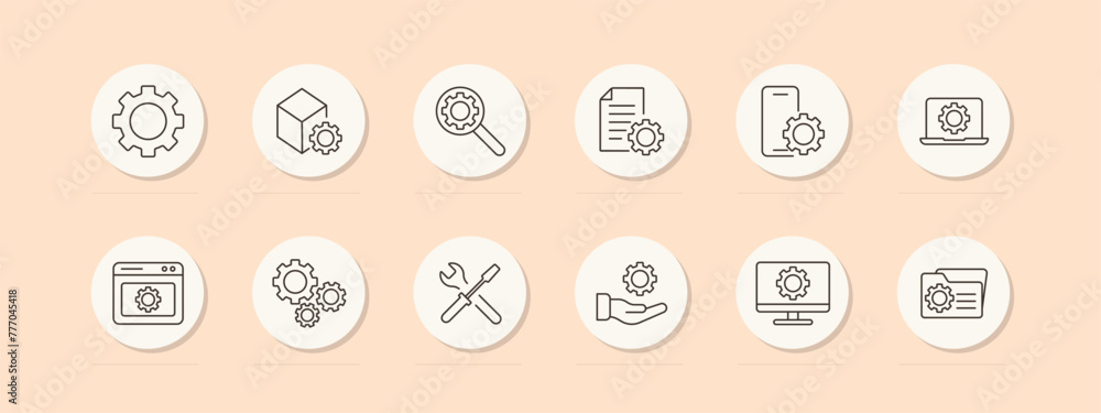Setting icon set. Gear, website, tuning, hand, proposal, mechanism, configuration, screwdriver, wrench, tools, laptop, file, folder, monitor, phone, adjustment, optimization. Vector line icon. Setting icon set. Gear, website, tuning, hand, proposal, mechanism, configuration, screwdriver, wrench, tools, laptop, file, folder, monitor, phone, adjustment, optimization. Vector line icon.