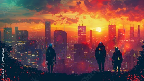 A group of people are standing on a hill overlooking a city at sunset. The sky is filled with clouds and the sun is setting, casting a warm glow over the city. The people are wearing backpacks