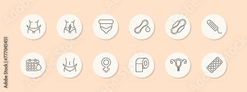 Menstruation set icon. Condom, tampon, pad, pack of female gender pills, calendar, blood, lightning, female reproductive organ, toilet paper. Self care concept. Vector line icon.