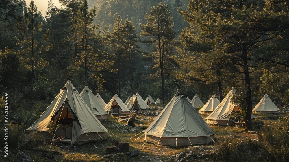 A group of tents are set up in a forest. The tents are arranged in a row, with some of them being closer to the camera and others further away. The scene gives off a peaceful and serene atmosphere