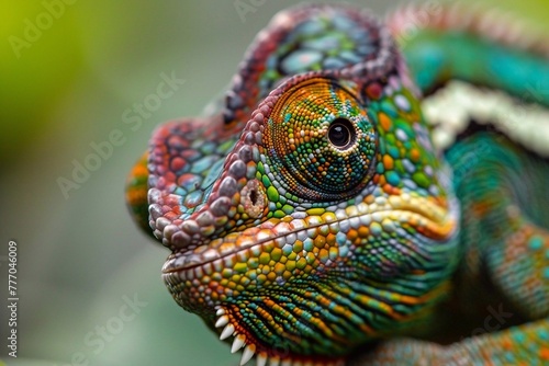Close-up of a chameleons head on a branch on a green background
