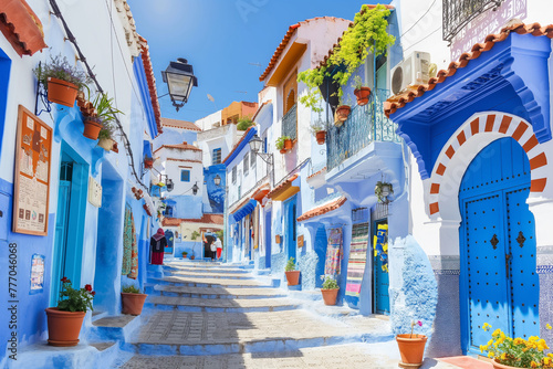 Photograph of the blue stairs in Chefchaouen, Morocco with pots on it, colorful houses and plants on a sunny day © Goodhim