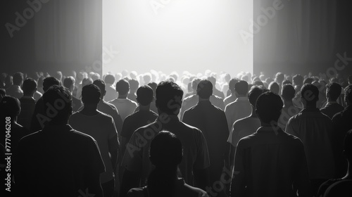 A crowd of people are standing in a dark room with a large empty space in the middle. Scene is one of anticipation and excitement, as the people are waiting for something to happen