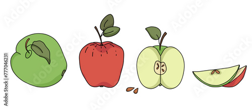 Apples. Whole apple, half apple, apple slice. Doodle stylistic illustrations. 