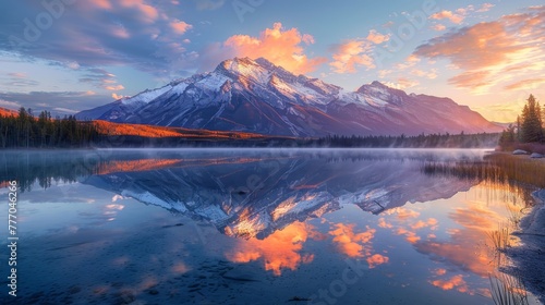 A beautiful mountain range is reflected in the calm waters of a lake. The sky is filled with clouds and the sun is setting, creating a serene and peaceful atmosphere