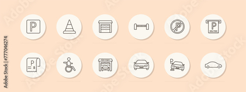 Tax, parking set icon. Garage, check, invoice, machine, car, ban, fence, cone, pitstop, P, pastel colors, warehouse, silhouette, sign, , man, wheelchair, design, interface. Vector line icon.