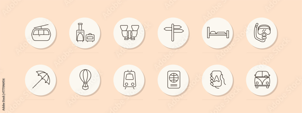 Travel set icon. Umbrella, navigation, maps, hot air balloon, train, cable car, diving, bed, telephone, stove, pointer, hobby, recreation. Tourism and wandering concept. Vector line icon. Travel set icon. Umbrella, navigation, maps, hot air balloon, train, cable car, diving, bed, telephone, stove, pointer, hobby, recreation. Tourism and wandering concept. Vector line icon.