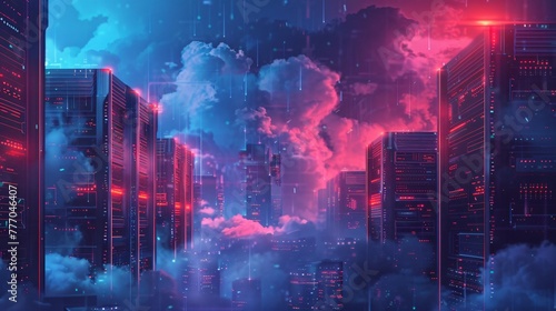 Cybernetic Cloudscape Above Futuristic Data Center