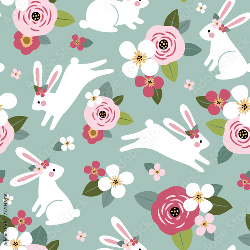 
Seamless vector pattern with cute, hand drawn white rabbits on floral background. Perfect for textile, wallpaper or print design.
