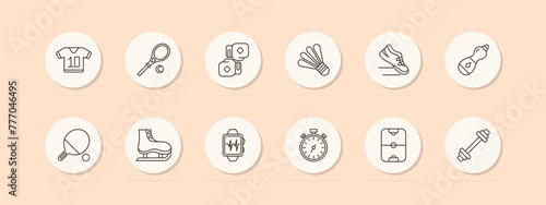 Sports set icon. Gloves, boxing, water, stopwatch, ping pong, pulse, barbell, tennis racket, sneakers, skates, air hockey, T shirt, shuttlecock. Healthy lifestyle concept. Vector line icon.