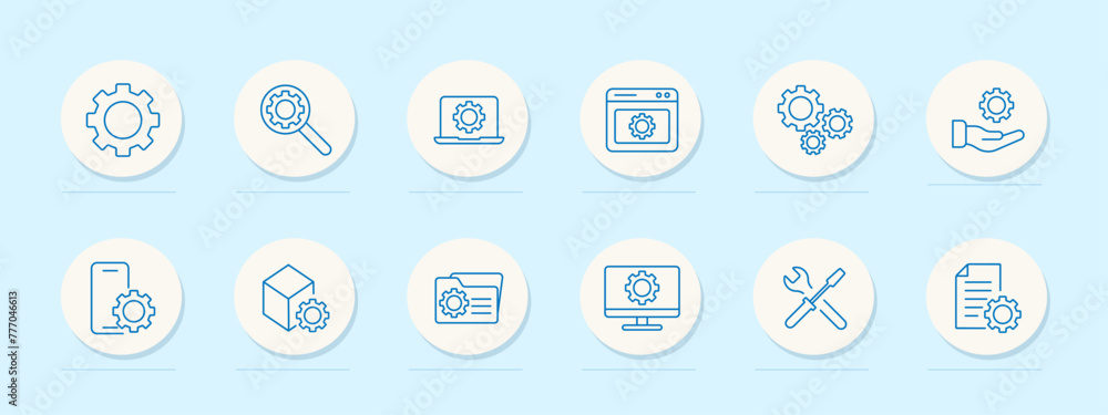 Setting icon set. Gear, website, tuning, hand, proposal, mechanism, configuration, screwdriver, wrench, tools, laptop, file, folder, monitor, phone, adjustment, optimization. Vector line icon. Setting icon set. Gear, website, tuning, hand, proposal, mechanism, configuration, screwdriver, wrench, tools, laptop, file, folder, monitor, phone, adjustment, optimization. Vector line icon.