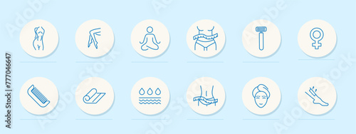 Female beauty set icon. Female legs and figure, silhouette, meditation, liquid, skin, razor, ruler, comb, towel, hair removal, beauty, blue colors. Self care concept. Vector line icon.