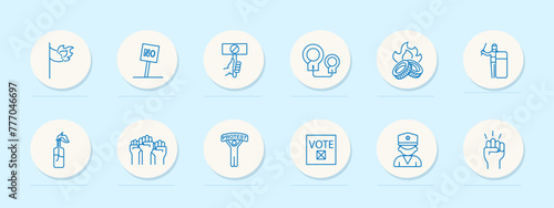 Uprising icon set. Flag, fire, banner, no, ban, handcuffs, police, burning tires, voice, man, silhouette, Molotov cocktail, blue. The concept of the fight against the regime. Vector line icon.