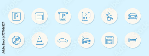 Tax, parking set icon. Garage, check, invoice, machine, car, ban, fence, cone, pitstop, P, blue colors, warehouse, silhouette, sign, , man, wheelchair, design, interface. Vector line icon.