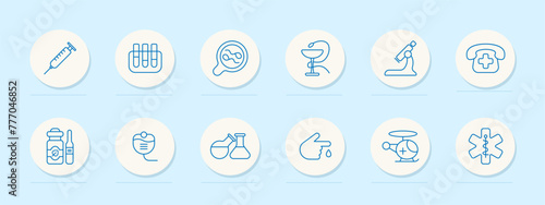 Medical equipment set icon. Glass  snake  goblet  telephone  cross  call an ambulance  microscope  magnifying glass  flask  container  dropper  health care. Medical care concept. Vector line icon.
