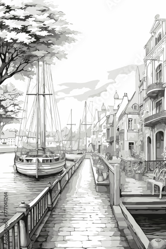 Adobe IllustratoA bustling harbor with boats and ships coloring page © MDFARHAD