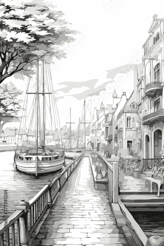 Adobe IllustratoA bustling harbor with boats and ships coloring page
