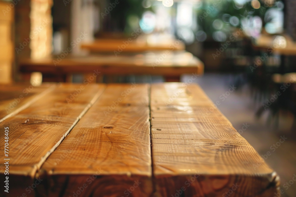 A closeup of a wooden table inside a restaurant A closeup of a wooden table inside a restaurant