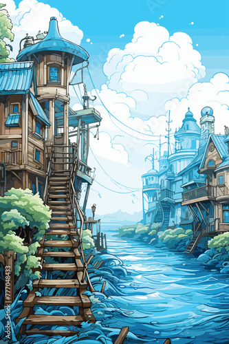 Adobe IllustratoA bustling harbor with boats and ships coloring page