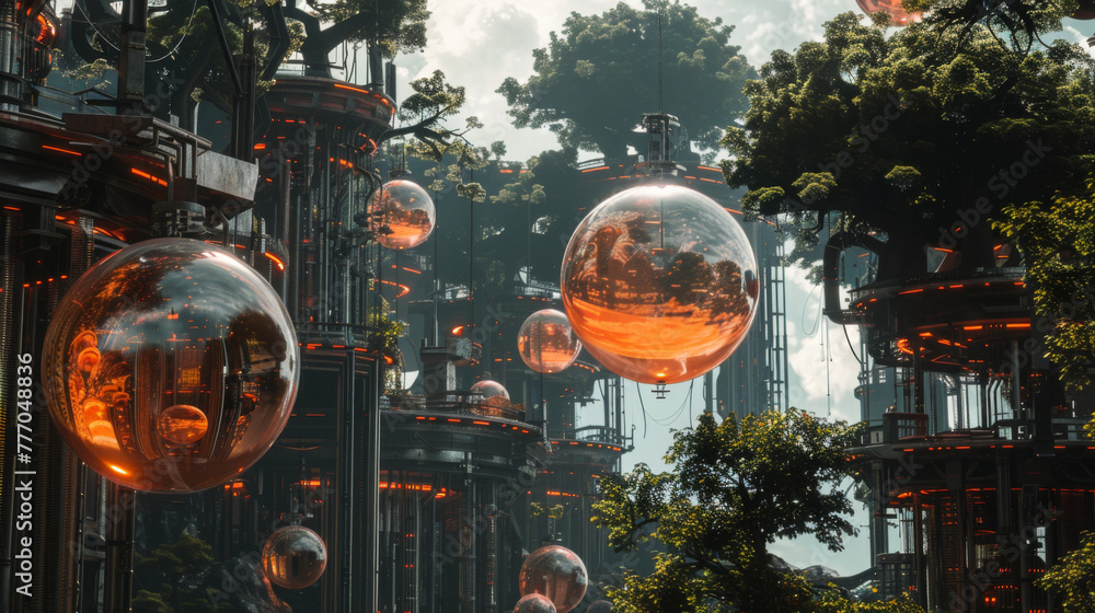 3d render of surreal fantasy landscape with floating glass spheres, colorful trees and plants in hanging pods