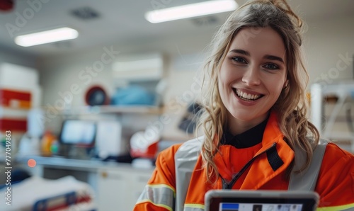 Smiling female paramedic wi...