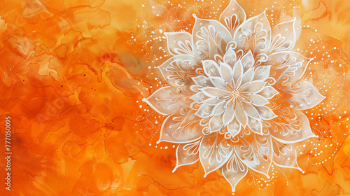 White mandala art on watercolor orange background. Rangoli floral design for Onam. Oriental Indian style. Ornament for print, card, paper, textile. Yoga and meditation concept
