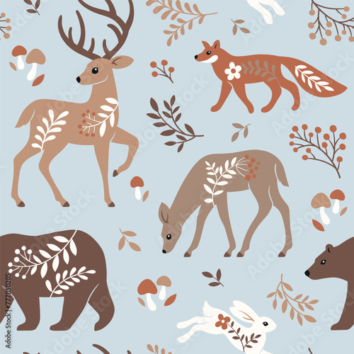 Fototapeta Naklejka Na Ścianę i Meble -  Seamless vector pattern with cute woodland animals, trees and leaves. Scandinavian woodland illustration. Perfect for textile, wallpaper or print design.