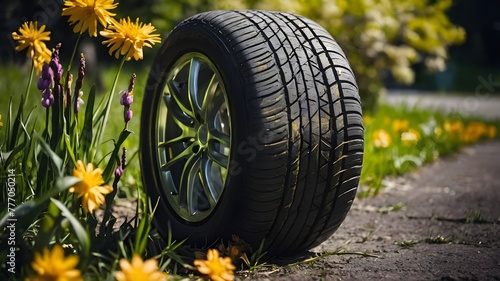 wheel on the grass summer tires in the blooming spring in the sun - time for summer tires