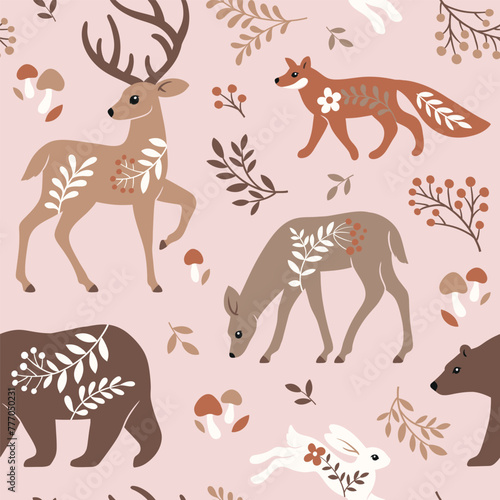Seamless vector pattern with cute woodland animals  trees and leaves. Scandinavian woodland illustration. Perfect for textile  wallpaper or print design.