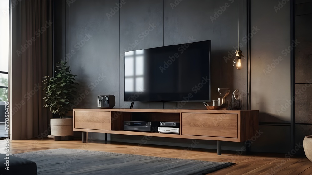 TV on cabinet in modern living room on transparent background.3d rendering TV on cabinet in modern living room on transparent background.3d rendering