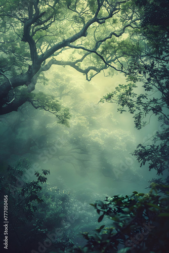 Ethereal forest in dreamscape misty morning