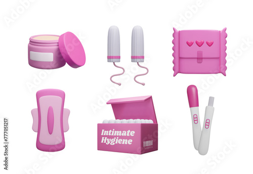 Pink 3D menstruation icon bundle. Cartoon style sanitary pad, menstrual tampon, pregnancy test kit and moisturizer cream 3D render isolated on white. Female intimate hygiene, menstruation healthcare.