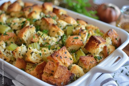 Bread Stuffing with Herbs and Celery. Delicious Side Dish Recipe for Thanksgiving Dinner Including Turkey Dressing