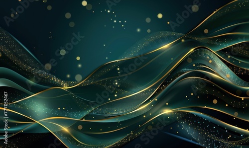 Green rich background with golden lines, luxury curves, and light effect with shimmering bokeh elements.