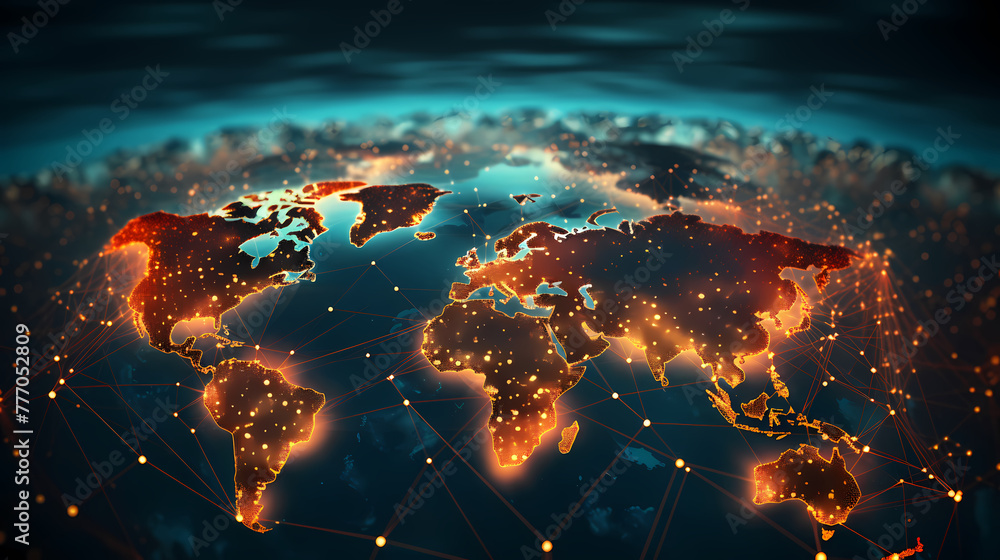 Abstract world map concept - global business network and connections, international data transfer and cyber technology. - obrazy, fototapety, plakaty 