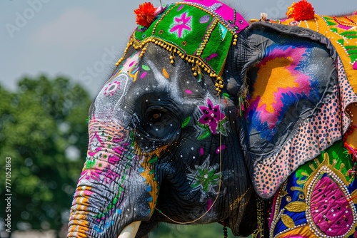 Colorful elephant with a green hat on its head, celebration asian indian