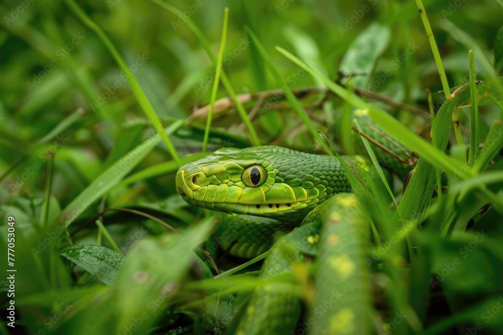 Green Snake in the Grass - A Majestic Reptile Gliding Through Nature's Scenery Green Snake in the Grass - A Majestic Reptile Gliding Through Nature's Scenery