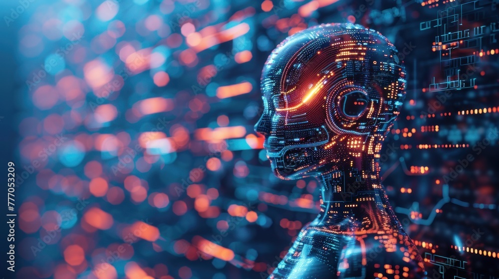 A digital rendering of a human face overlaid with complex circuit patterns and lighting illuminates the evolution of machine learning. From basic algorithms to advanced computers A digital rendering of a human face overlaid with complex circuit patterns and lighting illuminates the evolution of machine learning. From basic algorithms to advanced computers