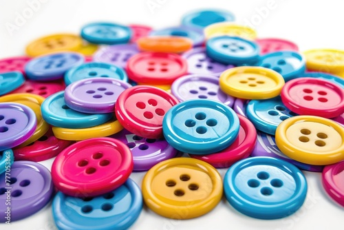 Vibrant Haberdashery: Pile of Many Colorful Sewing Buttons on White Background - Ideal for Crafting and Hobbies photo